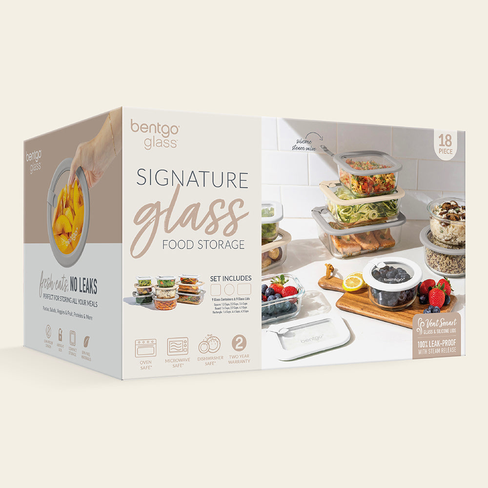 Bentgo Signature Glass Food Storage Set (18-Piece) - White Stone | Packaging