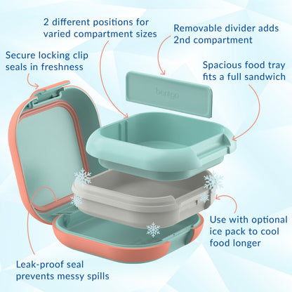 Bentgo® Chill Mini Lunch Box - Seaside Papaya | Secure Locking Clips Seals In Freshness, Spacious Food Tray Fits A Full Sandwich, Use With Optional Ice Pack To Cool Food Longer, Leak-proof Seal Prevents Messy Spills, Removable Divider To Add 2nd Compartment, And 2 Different Positions For Varied Compartment Sizes