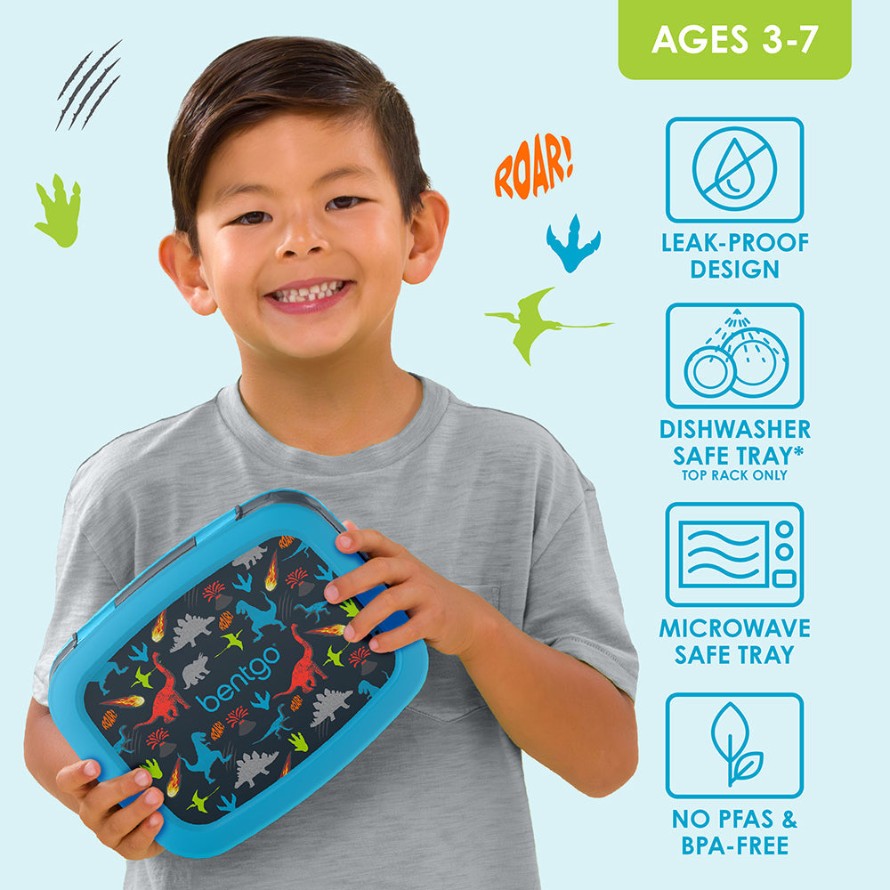 Bentgo Kids Prints Lunch Box - Dinosaur | Leak-Proof Design, Dishwasher Safe Tray (Top Rack Only), Microwave Safe Tray And No PFAS & BPA-Free
