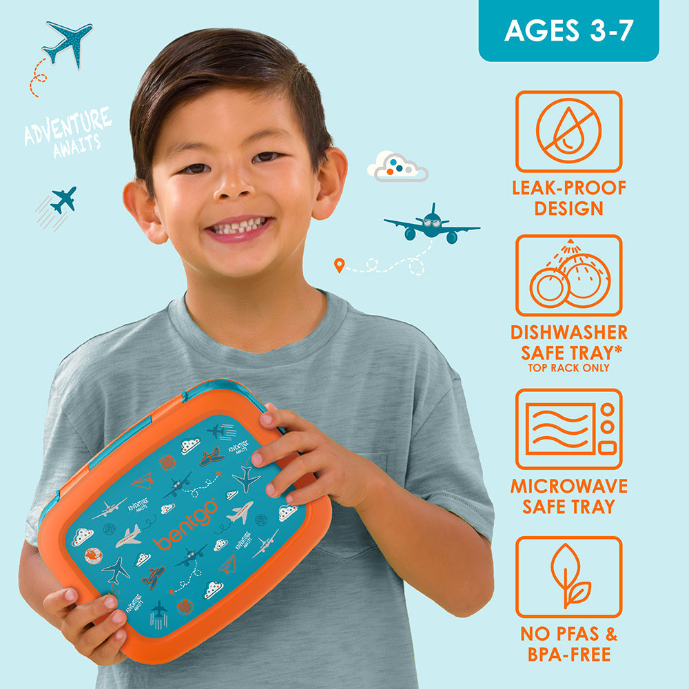 Bentgo Kids Prints Lunch Box - Planes | Leak-Proof Design, Dishwasher Safe Tray (Top Rack Only), Microwave Safe Tray And No PFAS & BPA-Free
