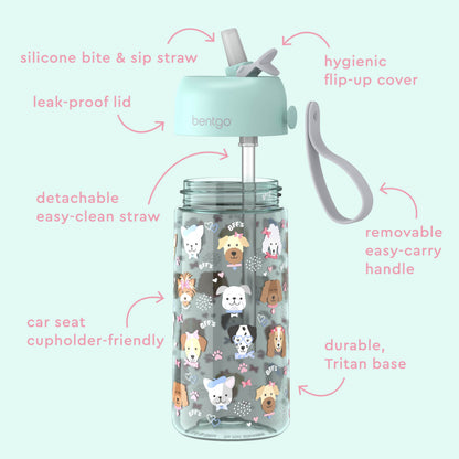 Bentgo® Kids Water Bottle - Puppy Love | Hygienic Flip-Up Cover, Silicone Bite & Sip Straw, Leak-Proof Lid, Detachable Easy-Clean Straw, Durable Tritan Base, And Removable Easy-Carry Handle