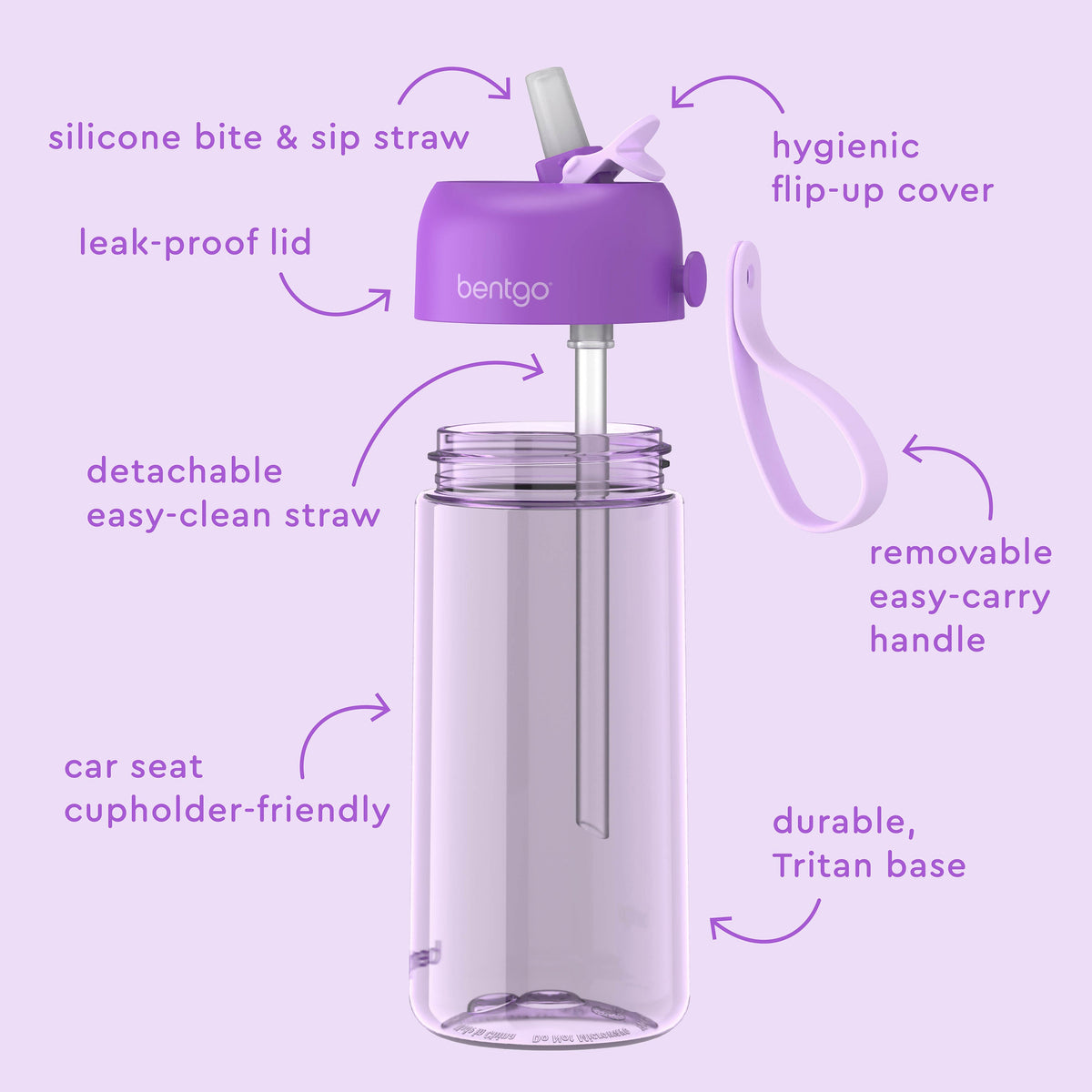 Bentgo® Kids Water Bottle - Purple | Hygienic Flip-Up Cover, Silicone Bite & Sip Straw, Leak-Proof Lid, Detachable Easy-Clean Straw, Durable Tritan Base, And Removable Easy-Carry Handle