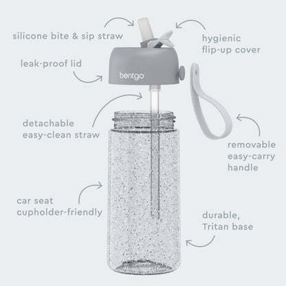Bentgo® Kids Water Bottle - Silver Glitter | Hygienic Flip-Up Cover, Silicone Bite & Sip Straw, Leak-Proof Lid, Detachable Easy-Clean Straw, Durable Tritan Base, And Removable Easy-Carry Handle