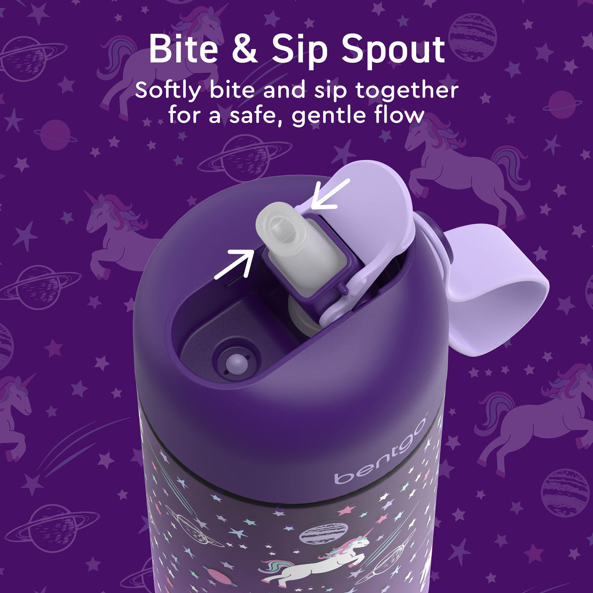 Bentgo® Kids Water Bottle - Unicorn | Bite & Sip Spout - Softly Bite And Sip Together For A Safe, Gentle Flow