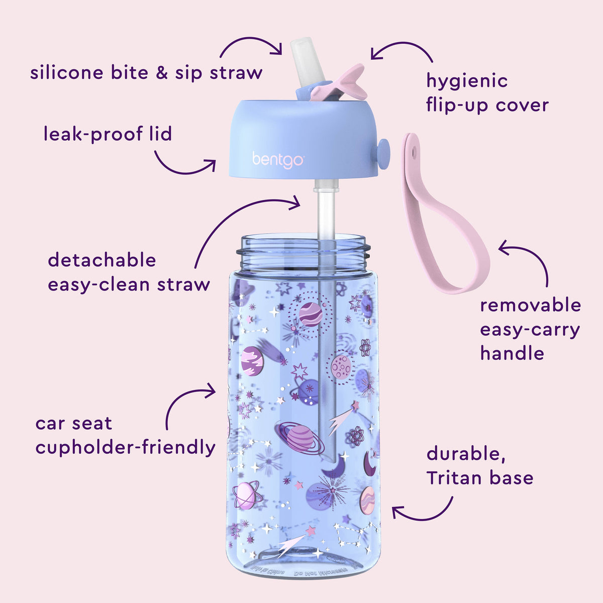 Bentgo® Kids Prints Water Bottle (2-Pack) - Unicorn/Lavender Galaxy | Hygienic Flip-Up Cover, Silicone Bite & Sip Straw, Leak-Proof Lid, Detachable Easy-Clean Straw, Durable Tritan Base, And Removable Easy-Carry Handle