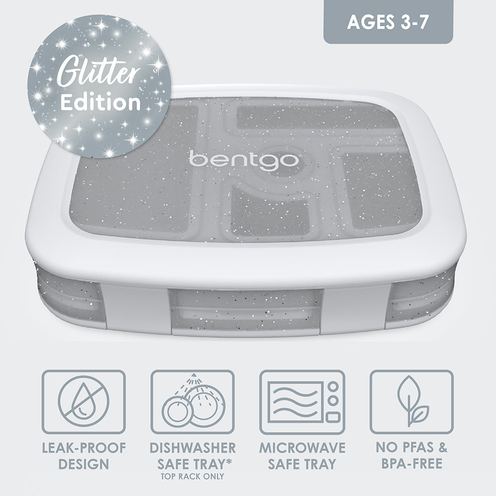 Bentgo® Kids Lunch Box - Silver Glitter | Leak-Proof Design, Dishwasher Safe Tray - Leak-Proof Design, Dishwasher Safe Tray (Top Rack Only), Microwave Safe Tray, And No PFAs & BPA-Free