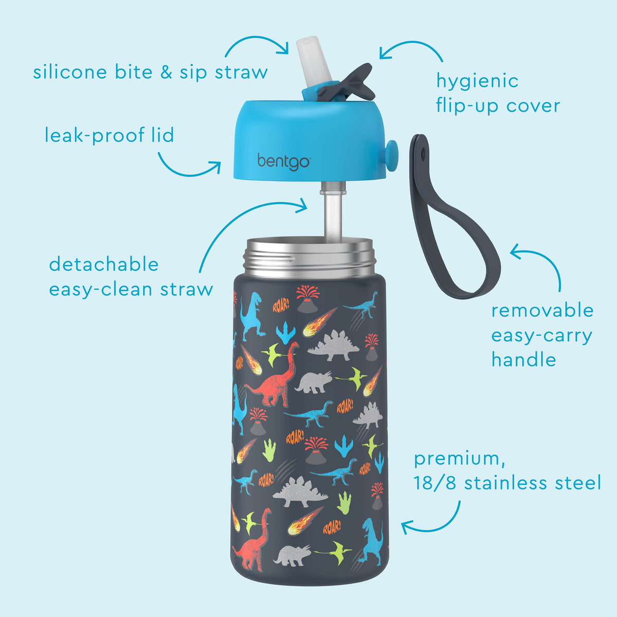 Bentgo® Kids Stainless Steel Insulated Water Bottle - Dinosaur | Water Bottle Features Silicone Bite & Sip Straw, Hygienic Flip-Up Cover, Leak-Proof Lid, Premium, 18/8 Stainless Steel And Much More