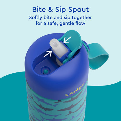 Bentgo® Kids Stainless Steel Insulated Water Bottle - Sharks | Bite & Sip Spout - Softly Bite And Sip Together For A Safe, Gentle Flow