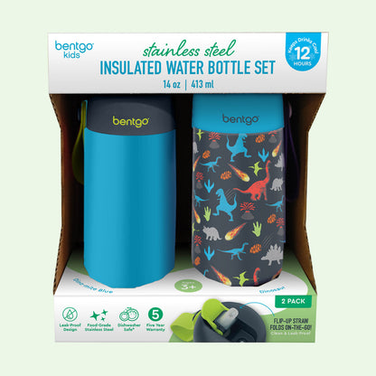 Bentgo® Kids Stainless Steel Insulated Water Bottle (2-Pack) - Dinosaur/Dino-Mite Blue | Packaging