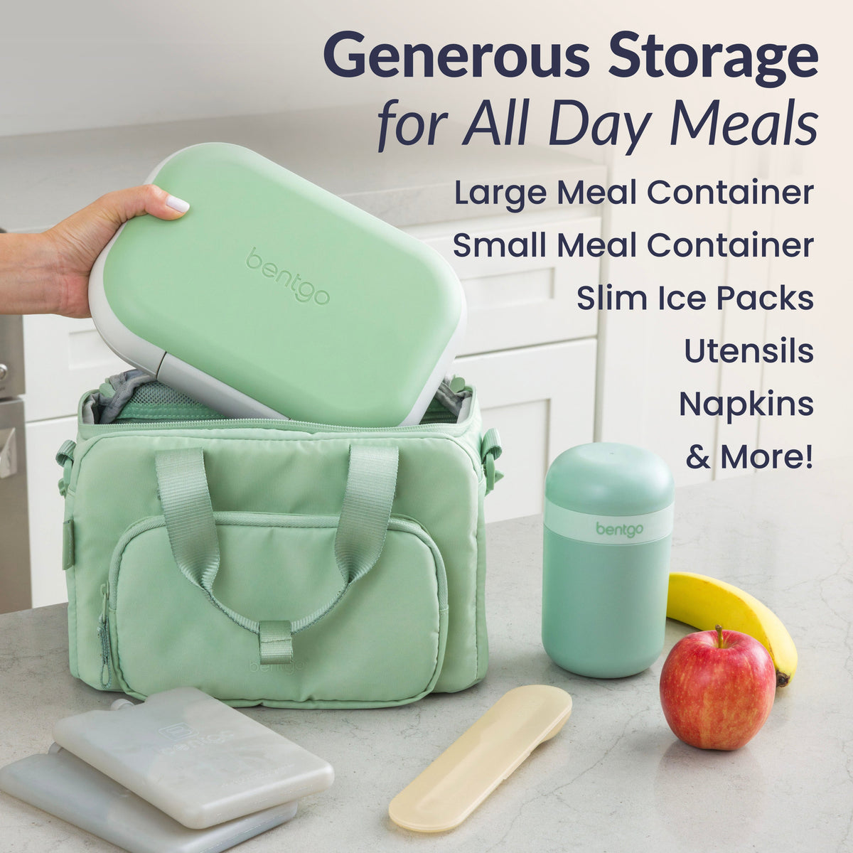 Bentgo® Insulated Lunch Bag - Clay Green | Generous Storage For All Day Meals Like Large Meal Container, Small Container, Slim Ice Packs, Utensils, Napkins, & More!