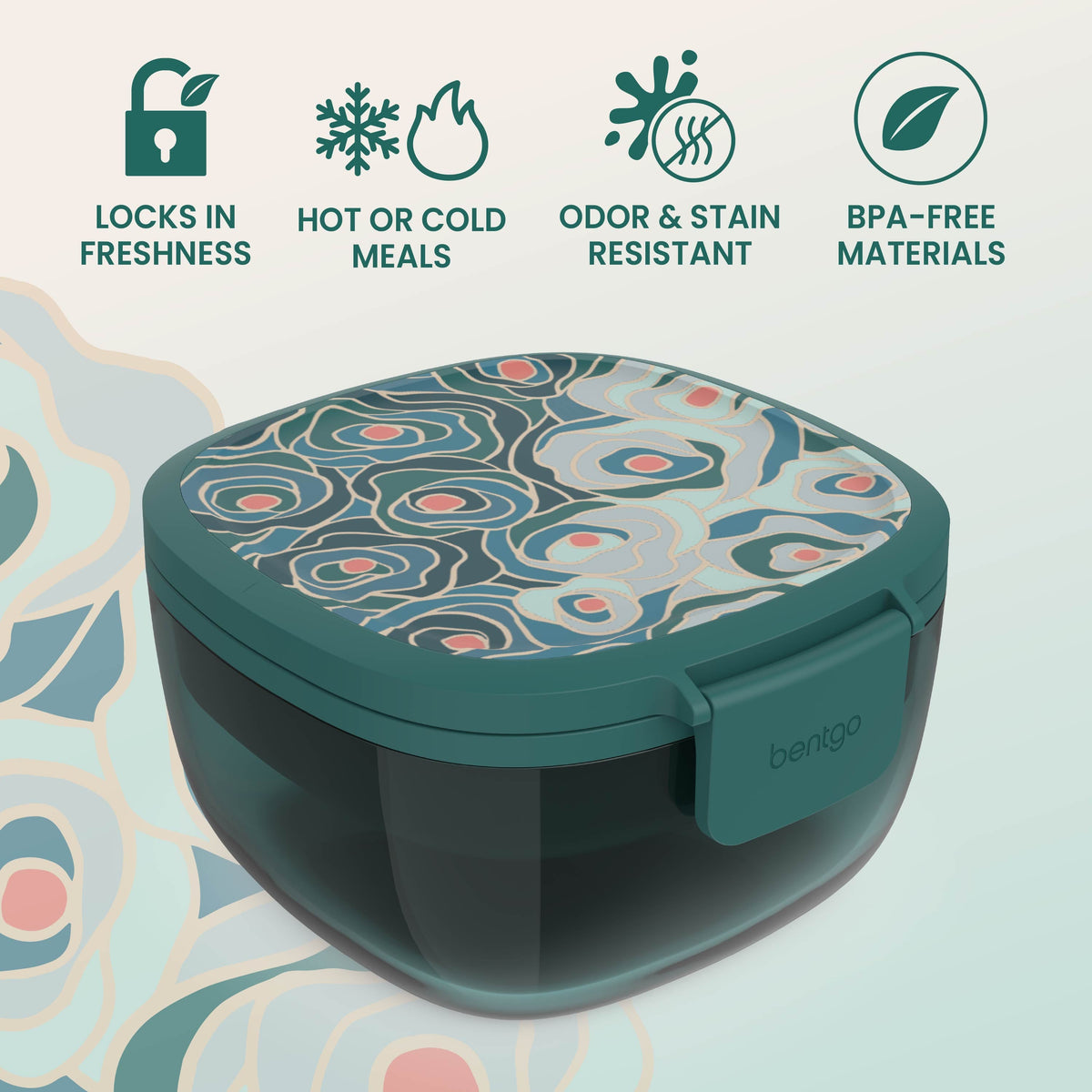 Bentgo® Glass Prints All-in-One Salad Container - Floral Maximalist - Sea | Locks In Freshness, Great For Hot Or Cold Meals, Odor & Stain Resistant And Made With BPA-Free Materials