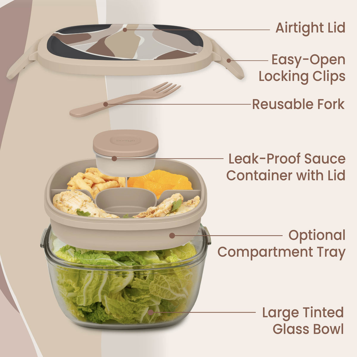 Bentgo® Glass Prints All-in-One Salad Container - Inky Abstract - Neutrals | Salad Container Contains An Airtight Lid With Designer Print, Easy-Open Locking Clips, Reusable Fork, Leak-Proof Sauce Container With Lid, Optional Compartment Tray, And Large Tinted Glass Bowl