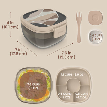 Bentgo® Glass Prints All-in-One Salad Container - Inky Abstract - Neutrals | Salad Container Dimensions