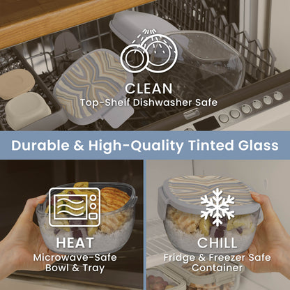 Bentgo® Glass Prints All-in-One Salad Container - Wildly Chic - Soft Blue | Durable & High-Quality Tinted Glass. Microwave Safe, Fridge & Freezer Safe And Dishwasher Safe