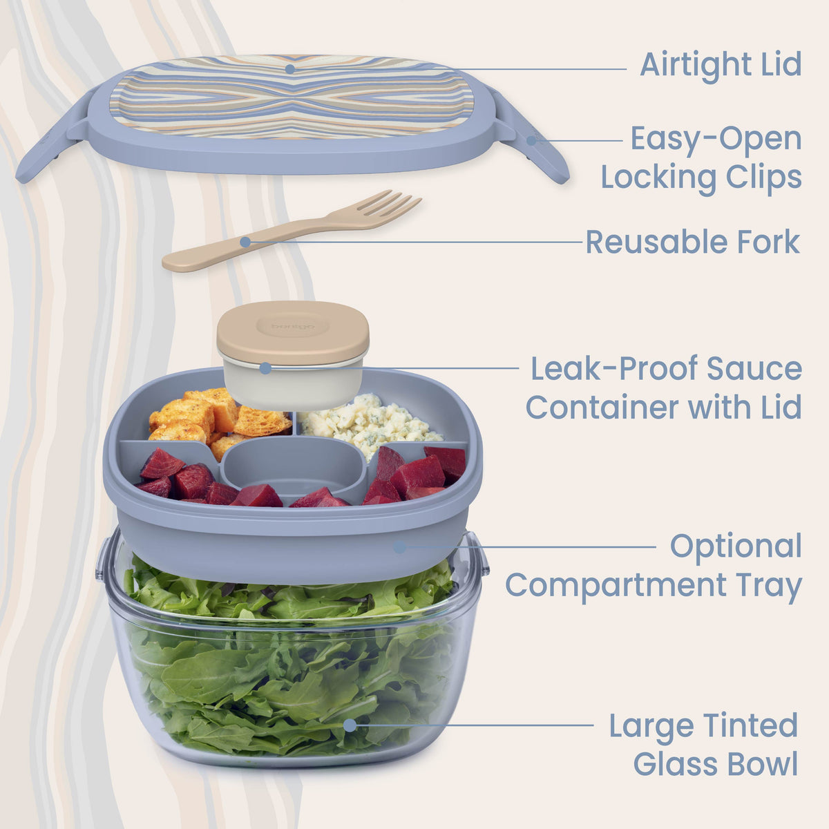 Bentgo® Glass Prints All-in-One Salad Container - Wildly Chic - Soft Blue | Salad Container Contains An Airtight Lid With Designer Print, Easy-Open Locking Clips, Reusable Fork, Leak-Proof Sauce Container With Lid, Optional Compartment Tray, And Large Tinted Glass Bowl