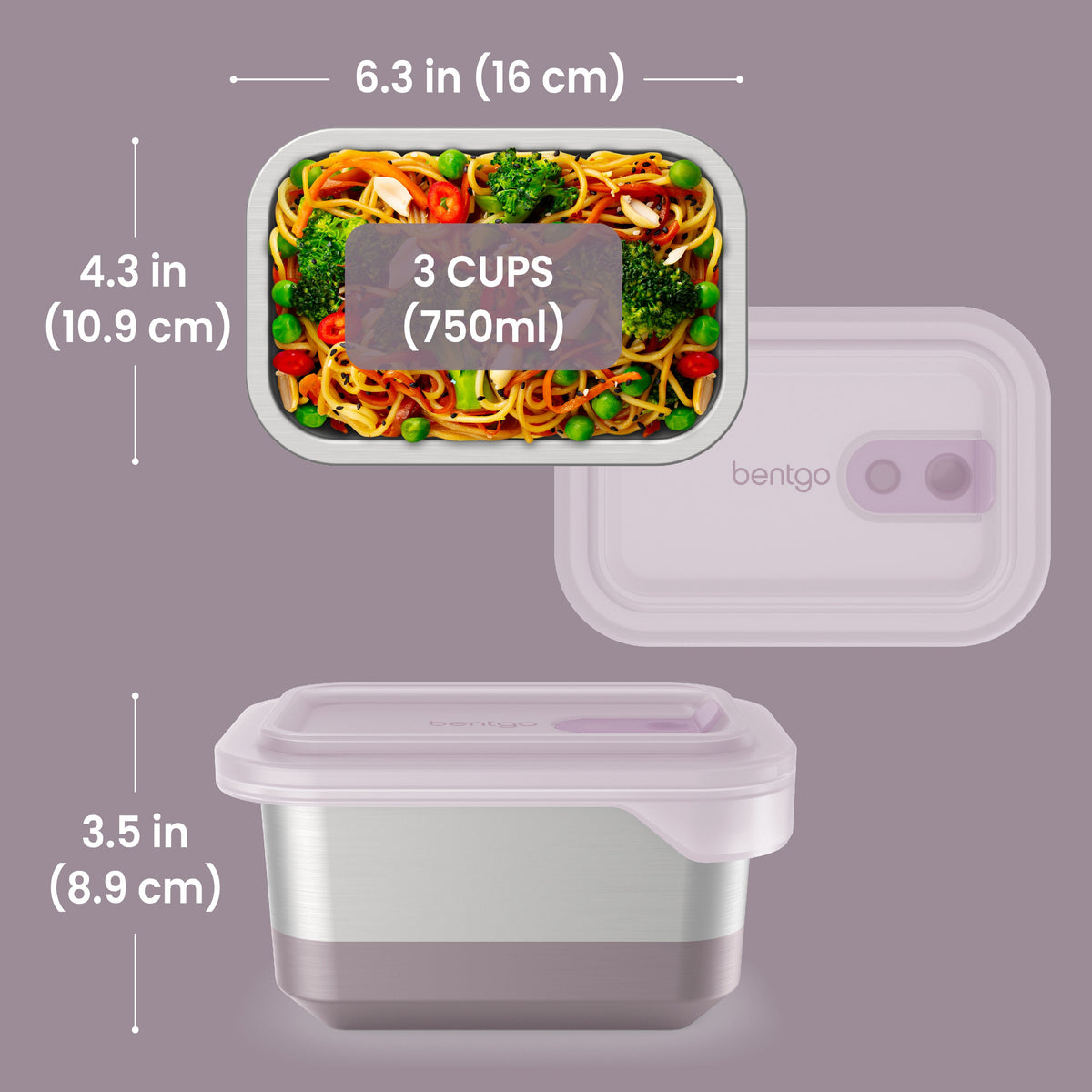 Bentgo® MicroSteel Heat & Eat Container - Lunch Size 3 Cups - Dusk | Dimensions