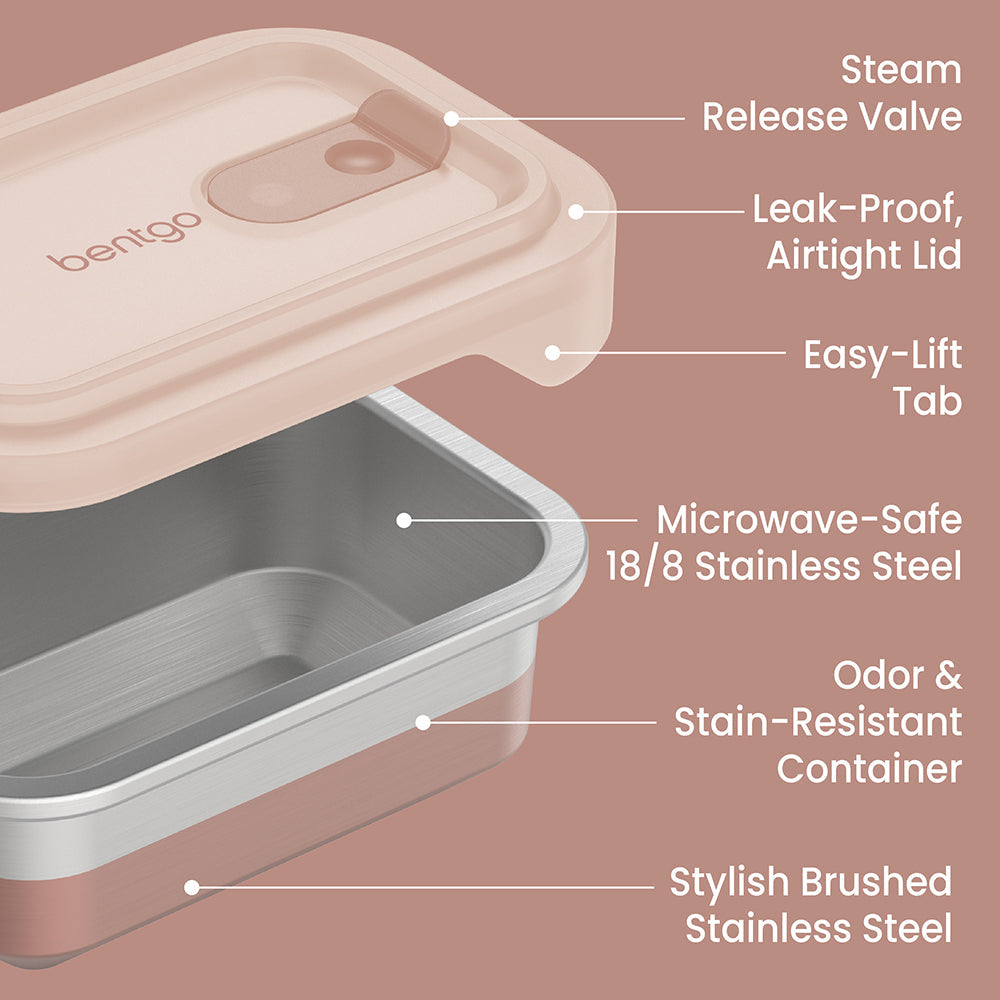 Bentgo® MicroSteel Heat & Eat Container - Snack Size 2 Cups - Rose | Steam Release Valve, Leak-Proof Airtight Lid, Easy-Lift Tab, Microwave-Safe 18/8 Stainless Steel, Odor & Stain-Resistant Container, And Stylish Brushed Stainless Steel