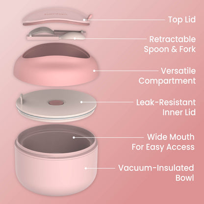 Bentgo® Bowl (2-Pack) - Blush | Top Lid, Retractable Spoon & Fork, Versatile Compartment, Wide Mouth For Easy Access, Leak-Resistant Inner Lid, And Vacuum-Insulated Bowl