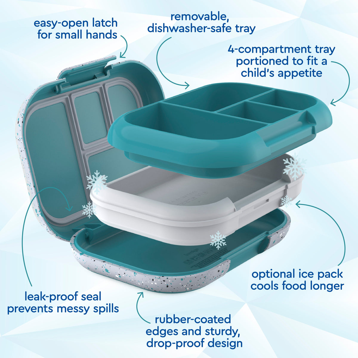 Bentgo® Chill Kids Lunch Box - Truly Teal Speckle | Easy-Open Latch For Small Hands, Removable, Dishwasher-Safe Tray, 4-Compartment Tray Portioned To Fit A Child’s Appetite, Leak-Proof Seal Prevents Messy Spills, Optional Ice Pack Cools Food Longer, Rubber-Coated Edges And Sturdy, Drop-Proof Design