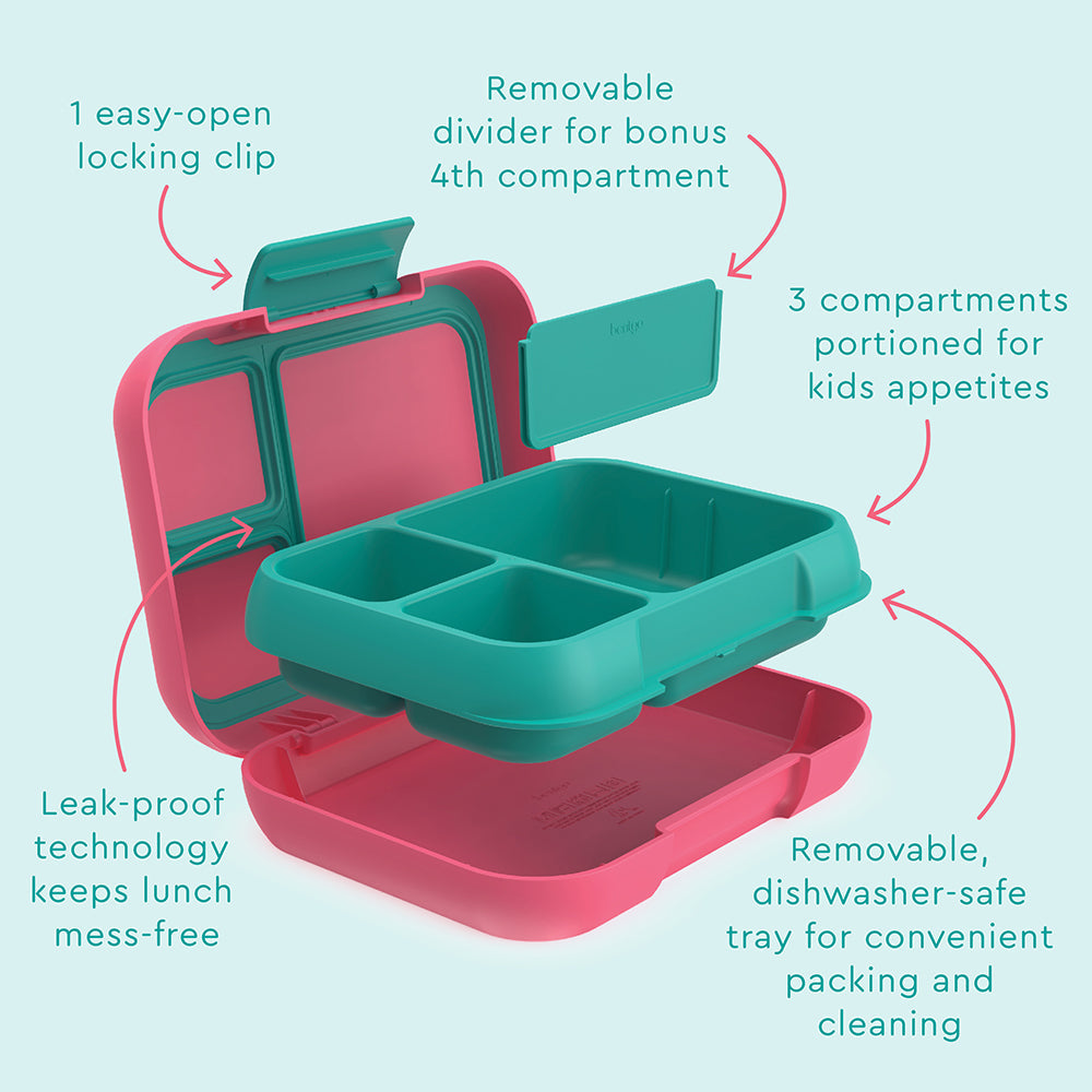 Bentgo® Pop Lunch Box- Bright Coral/Teal | 1 Easy-Open Locking Clip, Removable Divider For Bonus 4th Compartment, 3 Compartments Portioned For Kids Appetites, Leak-Proof Technology Keeps Lunch Mess-Free, And Removable, Dishwasher-Safe Tray For Convenient Packing And Cleaning