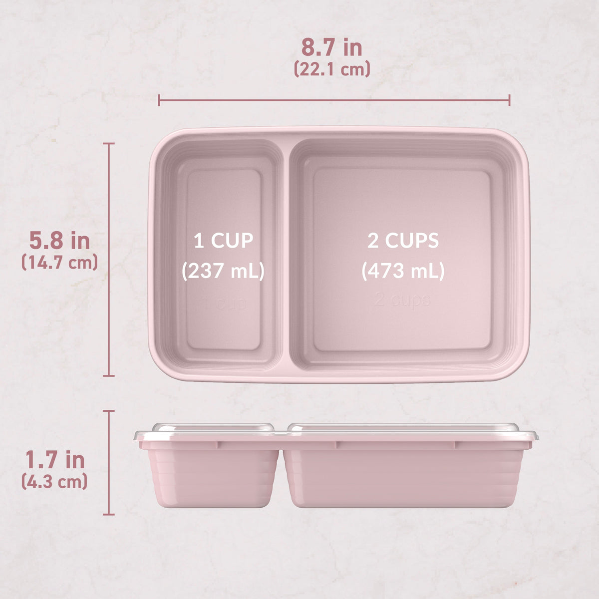 Bentgo® Prep 2-Compartment Meal Prep Containers (20-Piece) - Blush Pink | Dimensions
