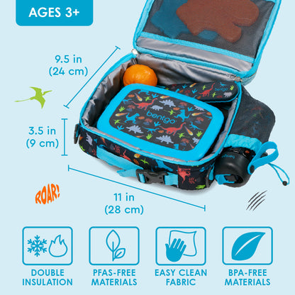 Bentgo® Kids Prints Lunch Bag - Dinosaur | Double Insulation, PFAS-Free Materials, Easy Clean Fabric, And Made With BPA-Free Materials