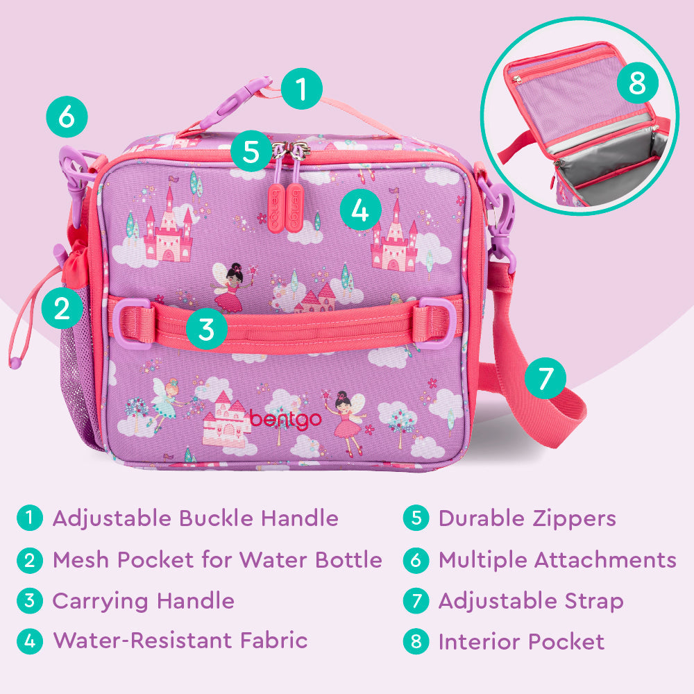 Bentgo® Kids Prints Lunch Bag - Fairies | Adjustable Buckle Handle, Mesh Pocket for Water Bottle, Carrying Handle, Water-Resistant Fabric, Durable Zippers, Multiple Attachments, Adjustable Strap, Interior Pocket