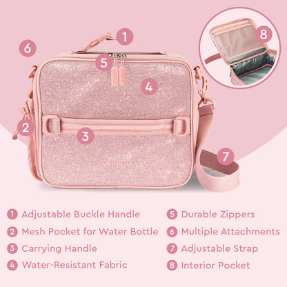 Bentgo® Kids Lunch Bag - Petal Pink Glitter | Adjustable Buckle Handle, Mesh Pocket for Water Bottle, Carrying Handle, Water-Resistant Fabric, Durable Zippers, Multiple Attachments, Adjustable Strap, Interior Pocket