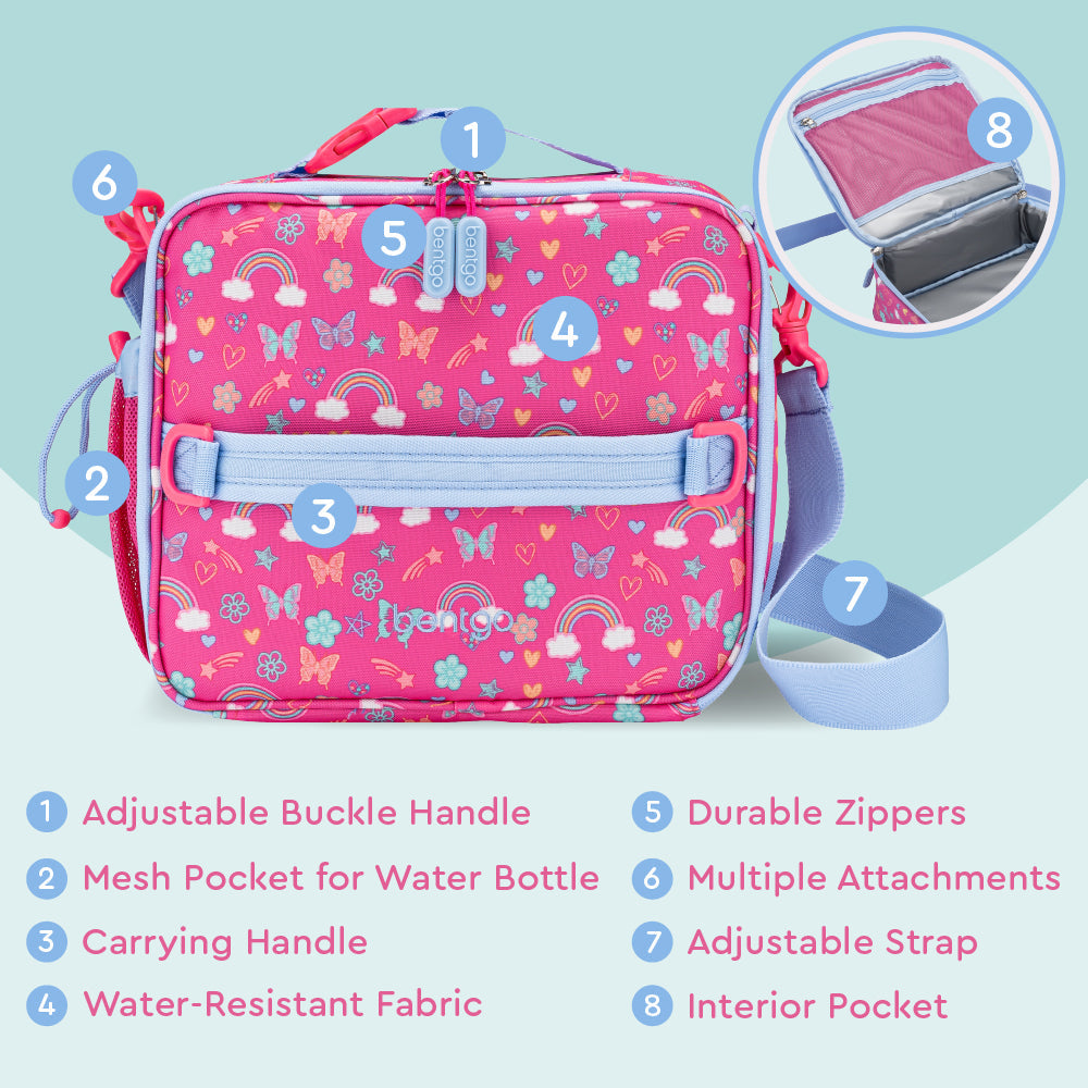Bentgo® Kids Prints Lunch Bag - Rainbows and Butterflies | Adjustable Buckle Handle, Mesh Pocket for Water Bottle, Carrying Handle, Water-Resistant Fabric, Durable Zippers, Multiple Attachments, Adjustable Strap, Interior Pocket