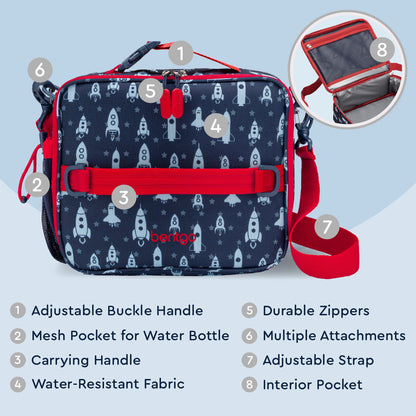 Bentgo® Kids Prints Lunch Bag - Space Rockets | Adjustable Buckle Handle, Mesh Pocket for Water Bottle, Carrying Handle, Water-Resistant Fabric, Durable Zippers, Multiple Attachments, Adjustable Strap, Interior Pocket