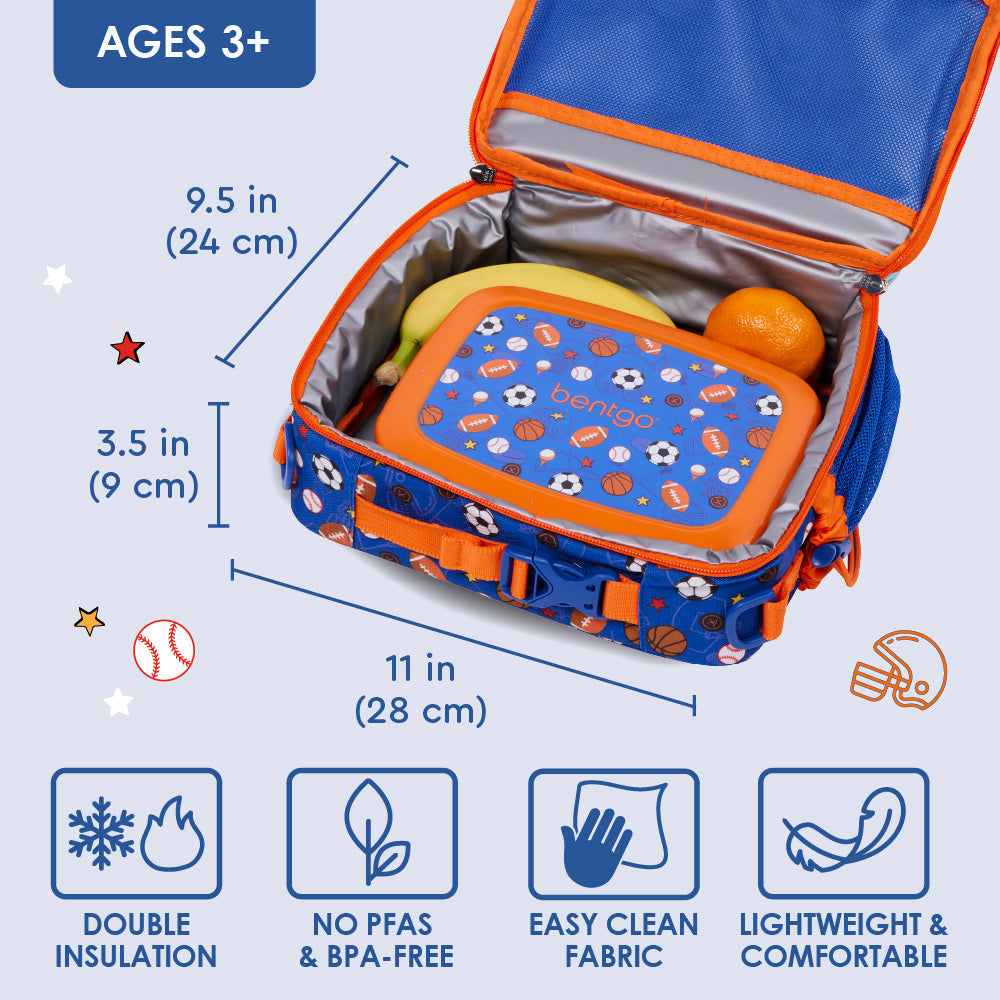 Bentgo® Kids Prints Lunch Bag - Sports | Double Insulation, No PFAS & BPA-Free, Easy Clean Fabric, And Lightweight & Comfortable