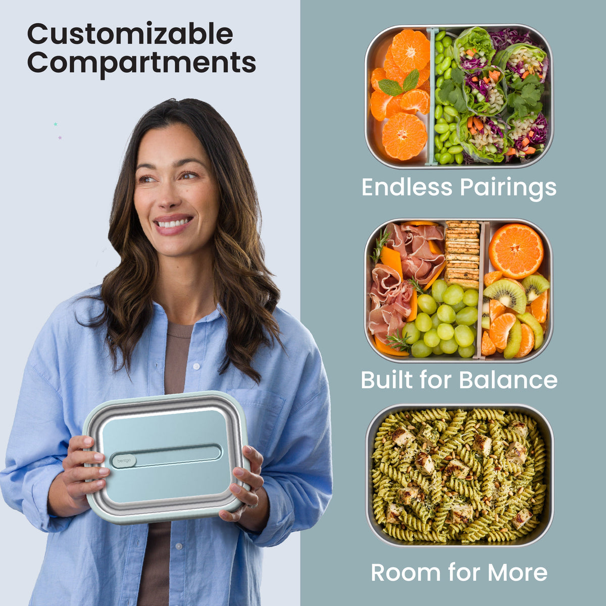 Bentgo® MicroSteel Lunch Box - Aqua | Customizable Compartments - Endless Pairings, Built For Balance, And Room For More